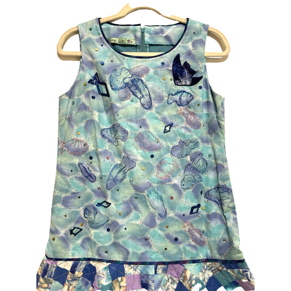 1 of Kind Mary Lu K Patchwork quilt‎ Mermaid Flair Dress Ocean Blue’s Sz S fish - Picture 3 of 11